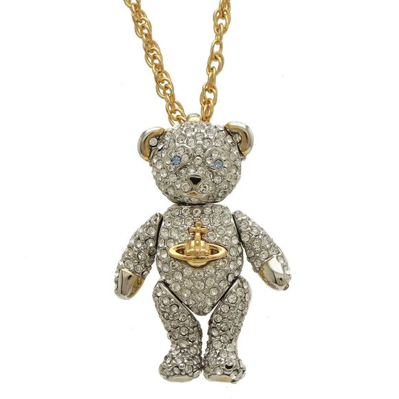 Vivienne Westwood Teddy Bear Motif Necklace Pendant Rhinestone Silver Gold Color - Picture 1 of 6